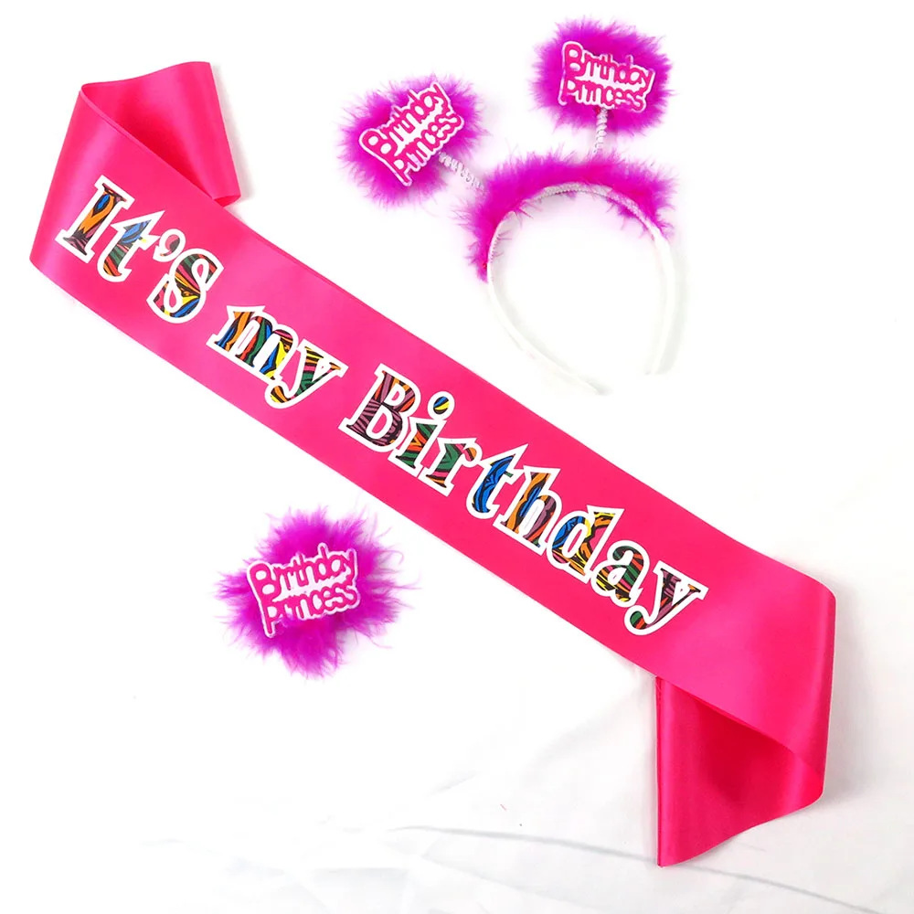 

3pcs birthday party set 1 satin zebra printing sash 1 feather headband one sparkling fabric brooch princess 18 21 30 40 feature
