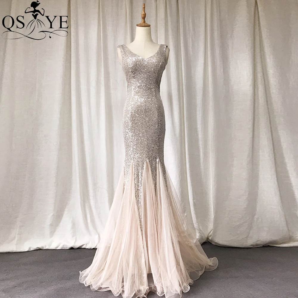 Серебряные вечерние платья с блестками русалка Для женщин недорогие оборками