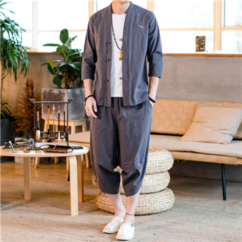 Dark Gray JDDTON, новинка, Мужская Традиционная японская одежда, стильные костюмы из хлопка и льна, верхняя одежда, Модный повседневный Свободный Мужской комплект из двух предметов JE069 - Цвет: Dark Gray