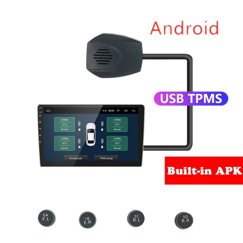 USB TPMS модульный инструмент, TPMS Беспроводная система контроля давления в шинах с 4 крышкой внешние датчики для Android 8,0 8,1 стерео