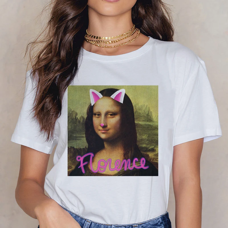 Новая футболка Mona Lisa 90s для женщин, модная Винтажная футболка в стиле ретро, стильная Эстетическая Футболка Harajuku Ullzang, белая женская футболка - Цвет: 3240