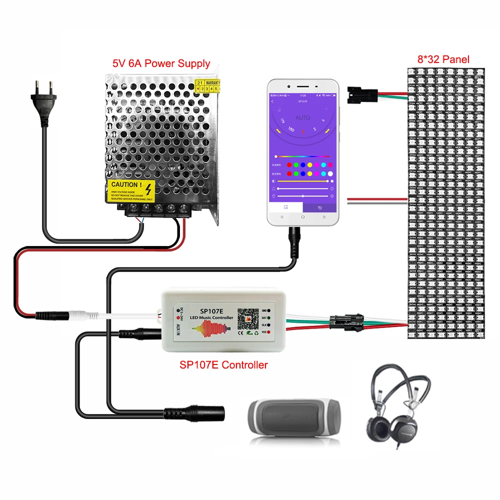 WS2812B Individually Addressable Panel Screen With SP107E Music Bluetooth Controller DC5V Power Kit 8x8 16X16 8X32 AU EU US UK