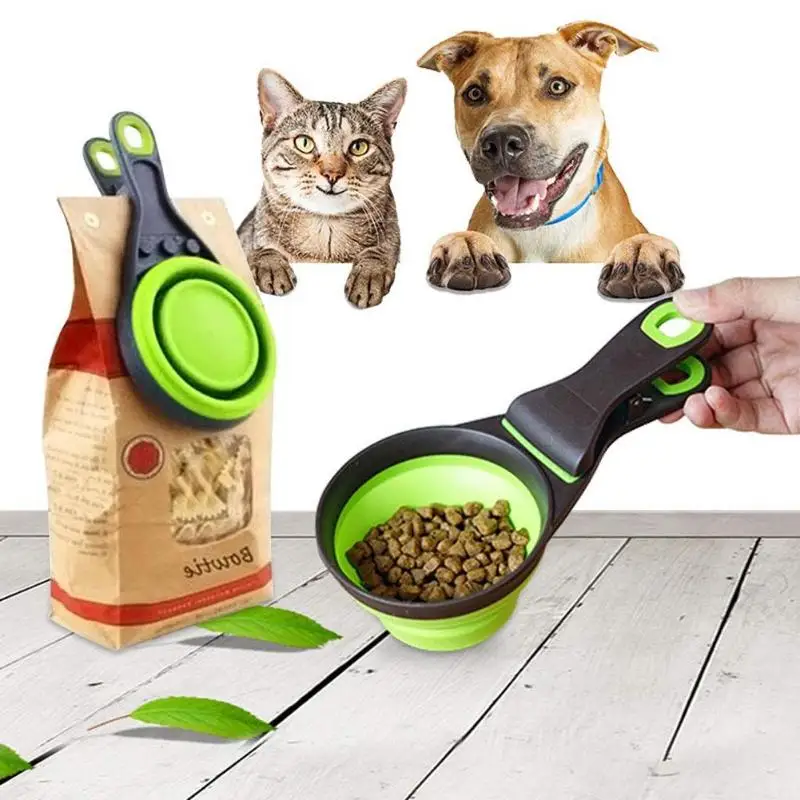 ПЭТ еда для кошек и собак ложка для кормления складной уплотнительный зажим мерная чашка Совок чаша - Цвет: Green-M