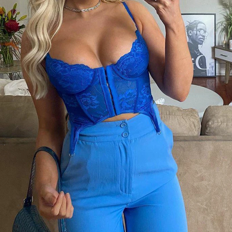 Lace Floral Y2K Chic Bodycon Camis Sexy Retro Fairycore Grunge Cropped Corset Tank Tops Harajuku Solid Blue Shirts Cuteandpsycho