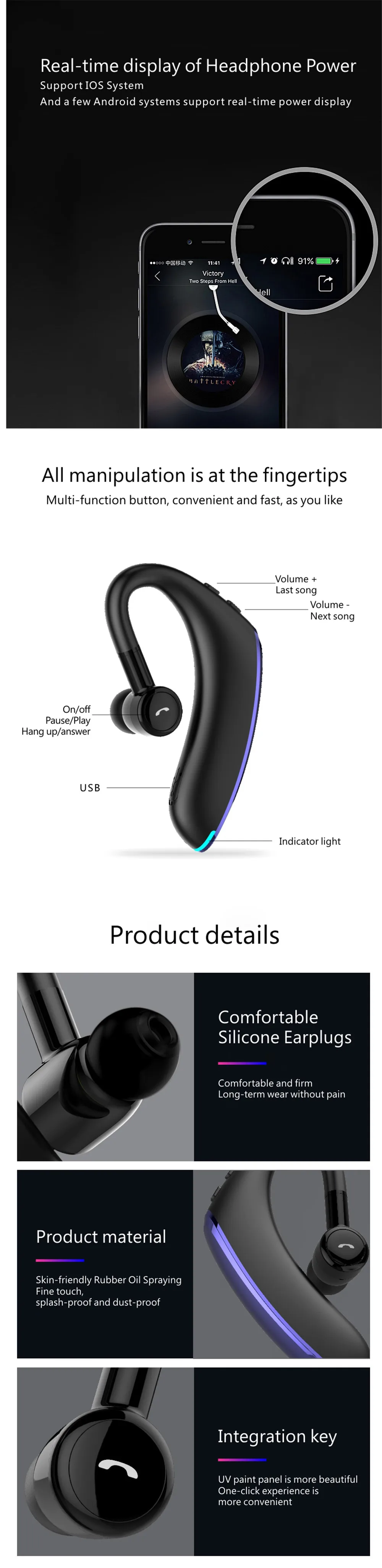 HYASIA Bluetooth 5,0 наушники беспроводные с микрофоном HiFi стерео ушные крючки гарнитура бизнес долгое время ожидания Bluetooth вкладыши в уши для наушников