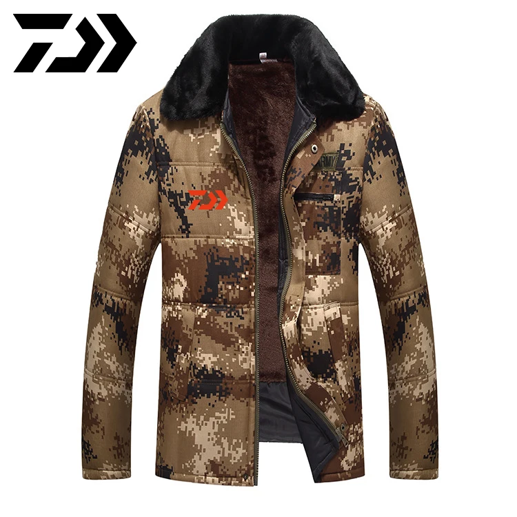 Daiwa Coats Winter Jacket Men Slim Thicken Fur Hooded Outwear Warm Coat Fishing Clothing Casual Mens Coat Fishing Clothes