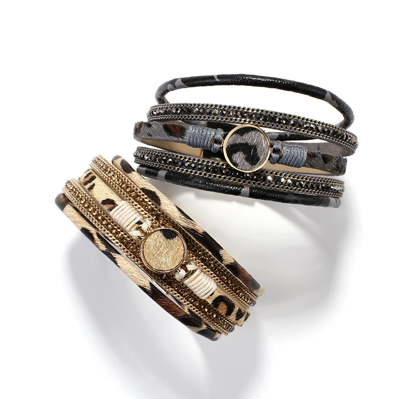 ALLYES Леопард с кристаллами кожаные браслеты для женщин Модные Браслеты& Браслеты многослойный широкий браслет обруча ювелирные изделия