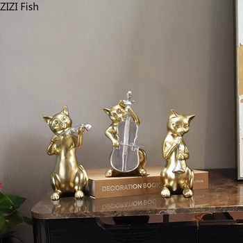 

Nordic Resin Ornaments Golden Cat Figure Desk Decor Kitty Music Team Miniature Figurines Home Decoration Accessories Modern