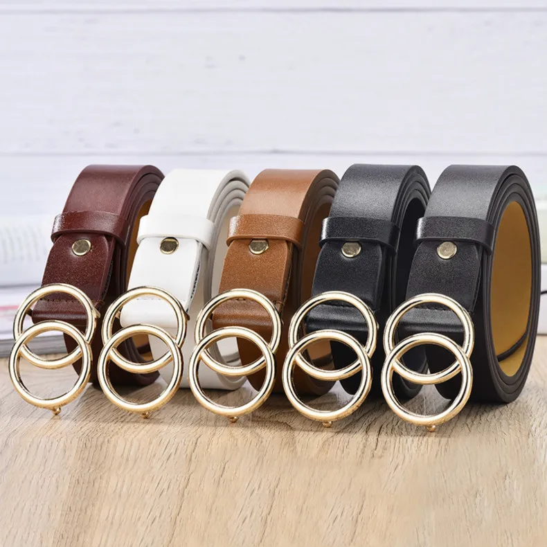 

Women Belt Imitation leather Alloy Pin Buckle Belt New Double Ring Circle Button Belt Leisure Jeans Fashion Dress pasek damski