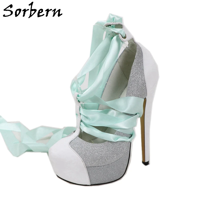 

Sorbern White Real Leather Women Pumps Glitter Silver Shoes High Heels Platform Ribbons Straps Party Shoes Custom Colors