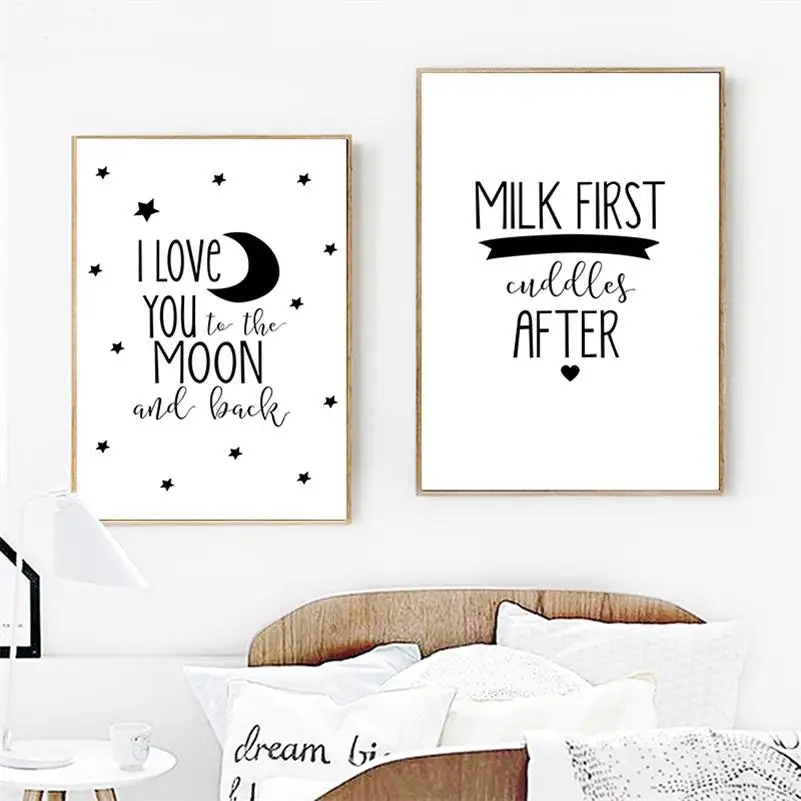 Черный белый цвет постер для детской комнаты Холст Wall Art Картина Love You to the Moon