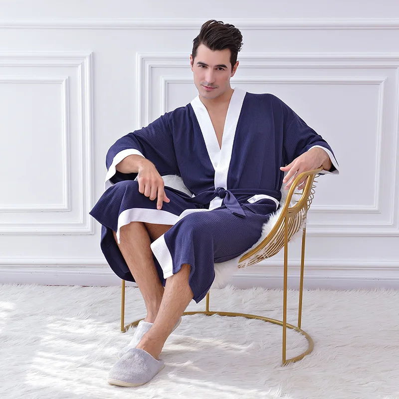

Men's Waffle Hotel Bathrobe For Male Spa Robe Water Absorbing Nightgown Japanese-style Kimono Shawl Collar robe Night Gown