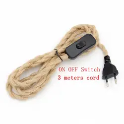 Vintage Hemp Jute Rope Braided Power Cord with On/Off Switch - 2 Meter Length, 220V EU Plug (3m twisted cord)