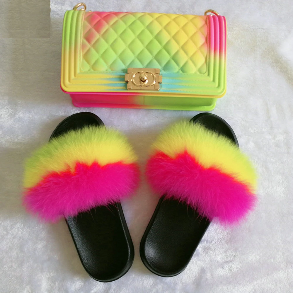 

2019 New Fashion Matte Colorful Jelly Purse Bags with Woman Multicolor Fur Slippers Match Set