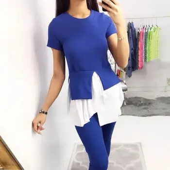 

Women Patchwork Sexy Casual O Neck Two Piece Suits Short Sleeve Elastic Waist Pants Sets