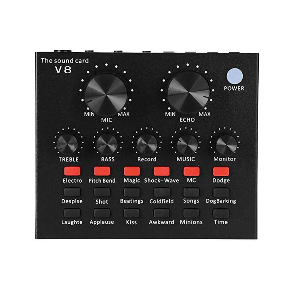 

V8 Multifunctional Live Sound Card USB Audio Interface Intelligent Volume Adjustable Audio Mixer Sound Card for Recording Speech