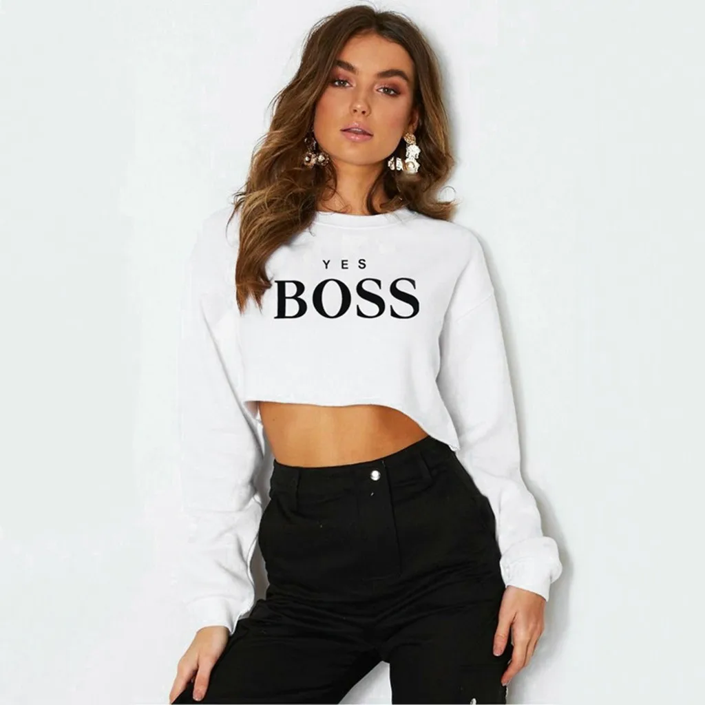 Womail кофты Для женщин Зимняя да с надписью Boss свитшот с принтом Повседневное комфортный круглый вырез Новые короткие элегантный свитшот пуловер