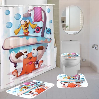 

4 Pieces Curtains Cute Cartoon Shower Curtain Animal Kids Bath Sets 3D Printing Bathroom Comfortable And Soft Shower Curtain Set