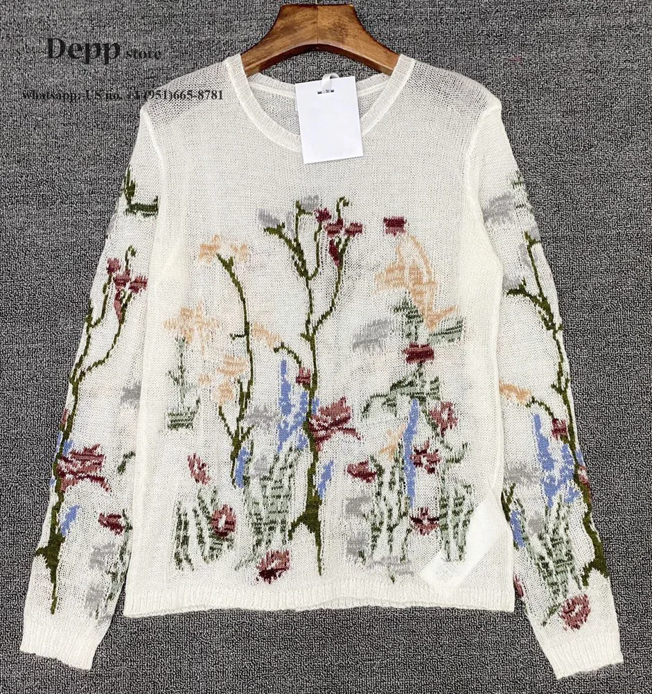 

Luxury designer branded sheer knitted vintage style flower Jacquard Long Sleeve round Neck Sweater Pullover Women jumper Mohair