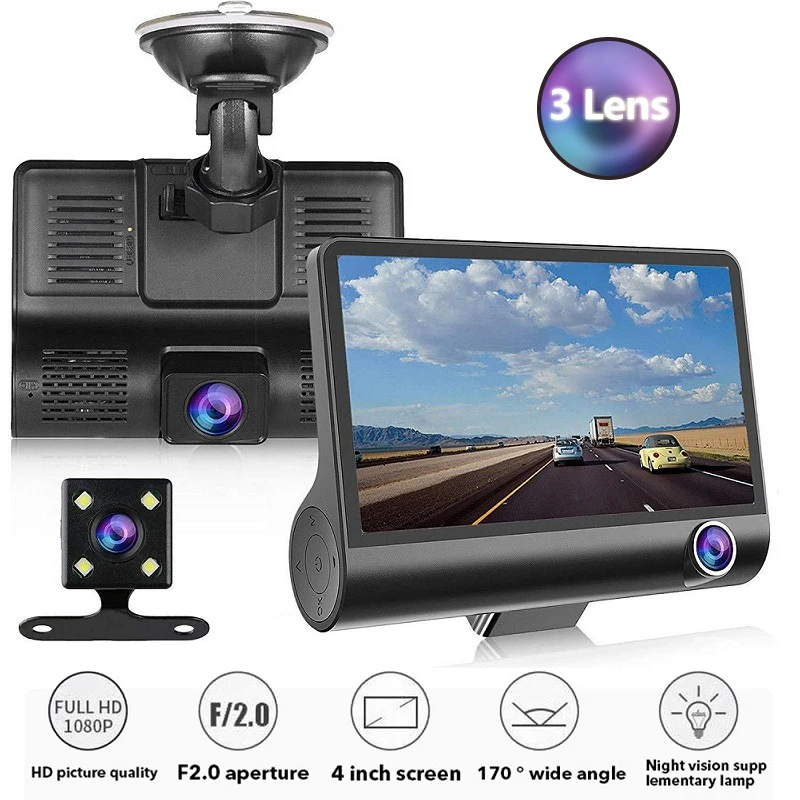 Автомобильный видеорегистратор 3 камеры s Full HD 1080P с двумя объективами, Автомобильный видеорегистратор, 4,0 дюймов, ЖК-экран с углом обзора 170 градусов