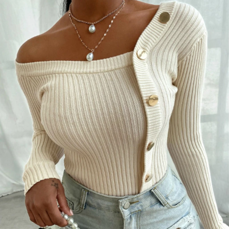 

Women Fashion Elegant Knitted tops Long sleeve Cold Shoulder Sexy Casual Slim Buttons Top Femme Ladies Solid Sweater Fall Spring