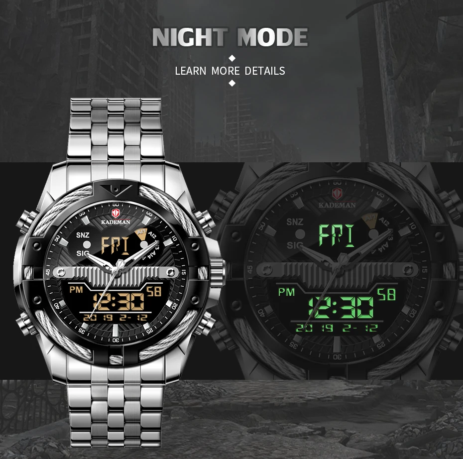 KADEMAN Gold Watch Men Dual Display Wristwathes Stainless Steel Digital Quartz Sport Men's Watches 2021 Luxury Brand Waterproof