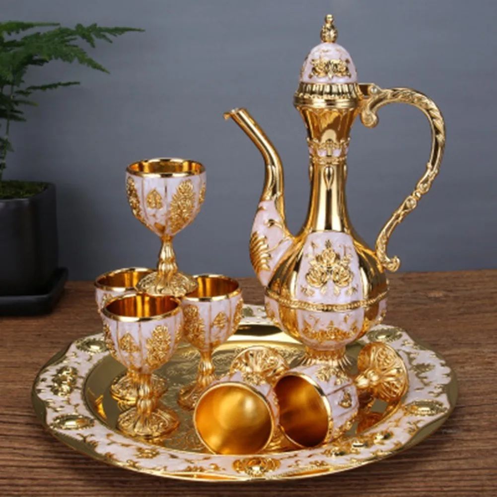 

6*Wine Cup 1*Wine Pot 1*Tray Tableware Set Vintage EU Decoration Accessories Style For Cabinet Ornament Wedding Party Home resin