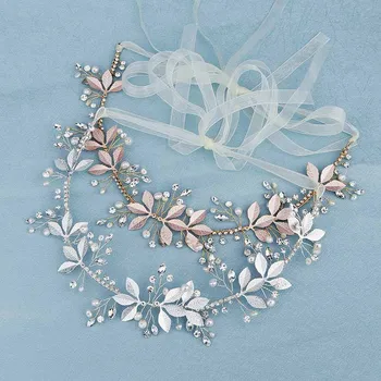 

GETNOIVAS Luxury Gold/Silver Color Leaves Headband Bride Wedding Headwear Handmade Rhinestone Women Hairband With Ribbon SL