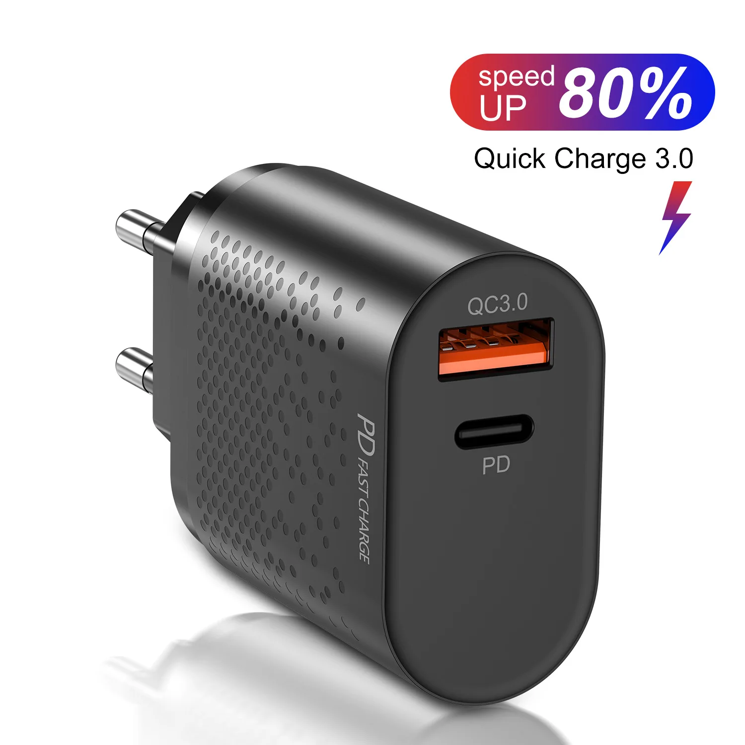 Быстрое зарядное устройство PD Qc3.0 18 Вт для Apple Android USB A + Type c двухпортовый Штепсель