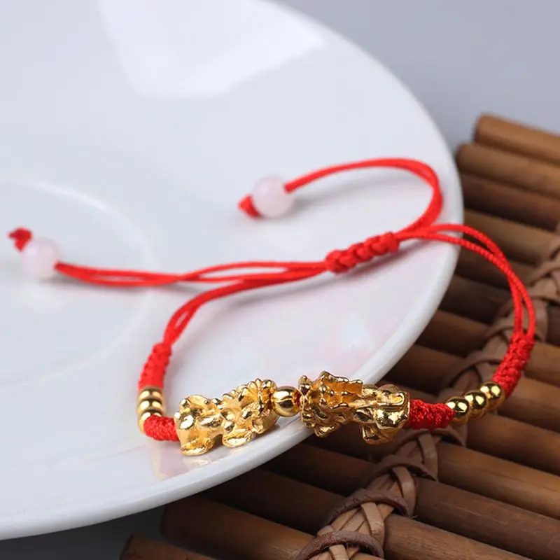 

Double Golden Pi Xiu Charm Kabbalah Red String Handmade Braided Bracelets Unisex U50C