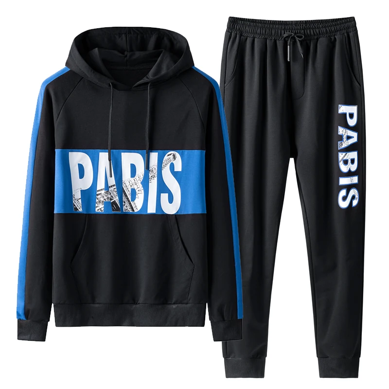 Black Blue Set Men Брендовый спортивный костюм для мужчин, модный, сшитое с длинным рукавом, толстовка с капюшоном+ штаны для бега, спортивная одежда в стиле хип-хоп, 2 предмета - Цвет: Black Blue Set Men