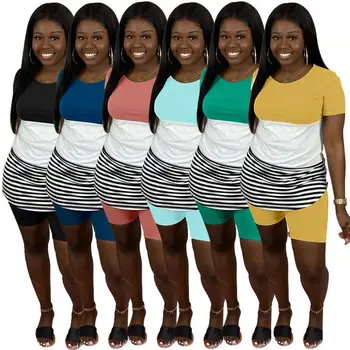 

HAOYUAN Plus Size Striped Two Piece Set Tracksuit Women Summer Outfits Top Biker Shorts Sweat Suits Lounge Wear Matching Sets