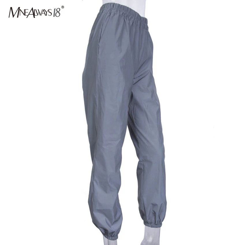 Mnealways18 серые Светоотражающие штаны с высокой талией, женские повседневные свободные брюки, женские спортивные штаны, уличная одежда для бега
