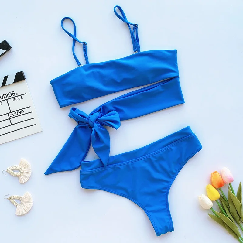 Solid Cross Bandage Bikini Swimwear Women Knotted Bathing Suit Female Tie-waist Swimsuit High Cut Beachwear Two Kinds Of Wearing Solid Cross Bandage Bikini Swimwear Women Knotted Bathing Suit Female Tie-waist Swimsuit High Cut Beachwear Two Kinds Of Wearing