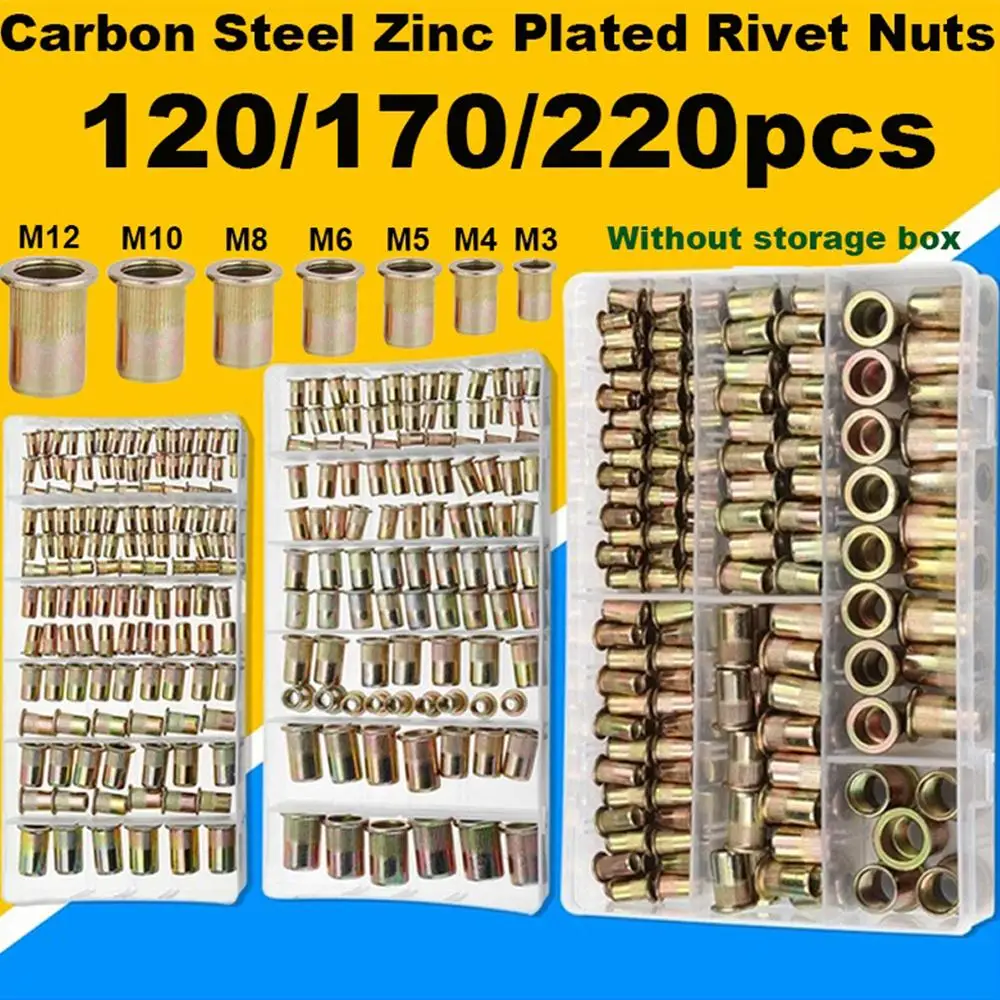 cheap!!!- 220/170/120PCS Carbon Steel Rivet Nuts Set M3 M4 M5 M6 M8 M10
With Box Multi Size Insert Rivet Nuts Set Flat Head Threaded Nuts