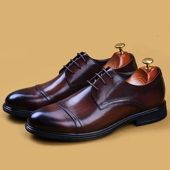 

New Arrival Round Toe Heels Man Cap Toe Derby Shoes Genuine Leather Formal Dress Oxfords Height Increased 5cm Men's Flats SS602
