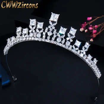 

CWWZircons Luxury Princess Cut Cubic Zirconia Pave Women Wedding Crown Tiara High Quality Bridal Hair Accessories Headband A018