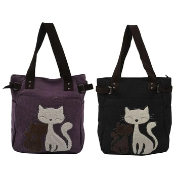 

2 Pcs Women'S Messenger Handbag Canvas Bag with Cute Cat Small Shopping Shoulder Bag, Purple & Black
