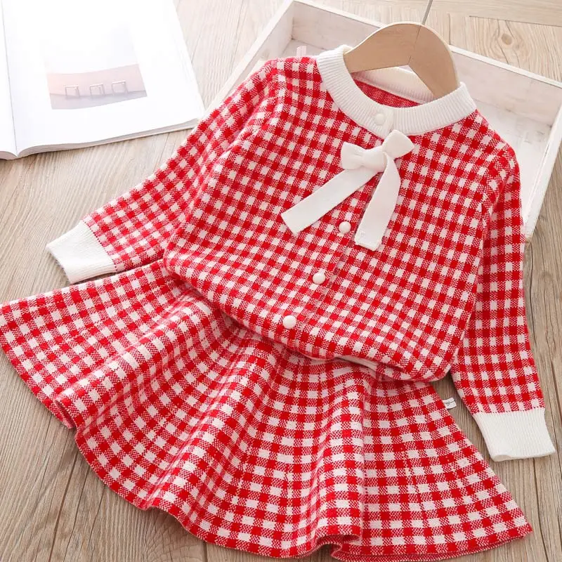 Осенние комплекты одежды для детей; Однотонный вязаный кардиган; свитер; плиссированная юбка; комплекты из 2 предметов для маленьких девочек; детская одежда; осенняя одежда для девочек - Color: AX1277 Red