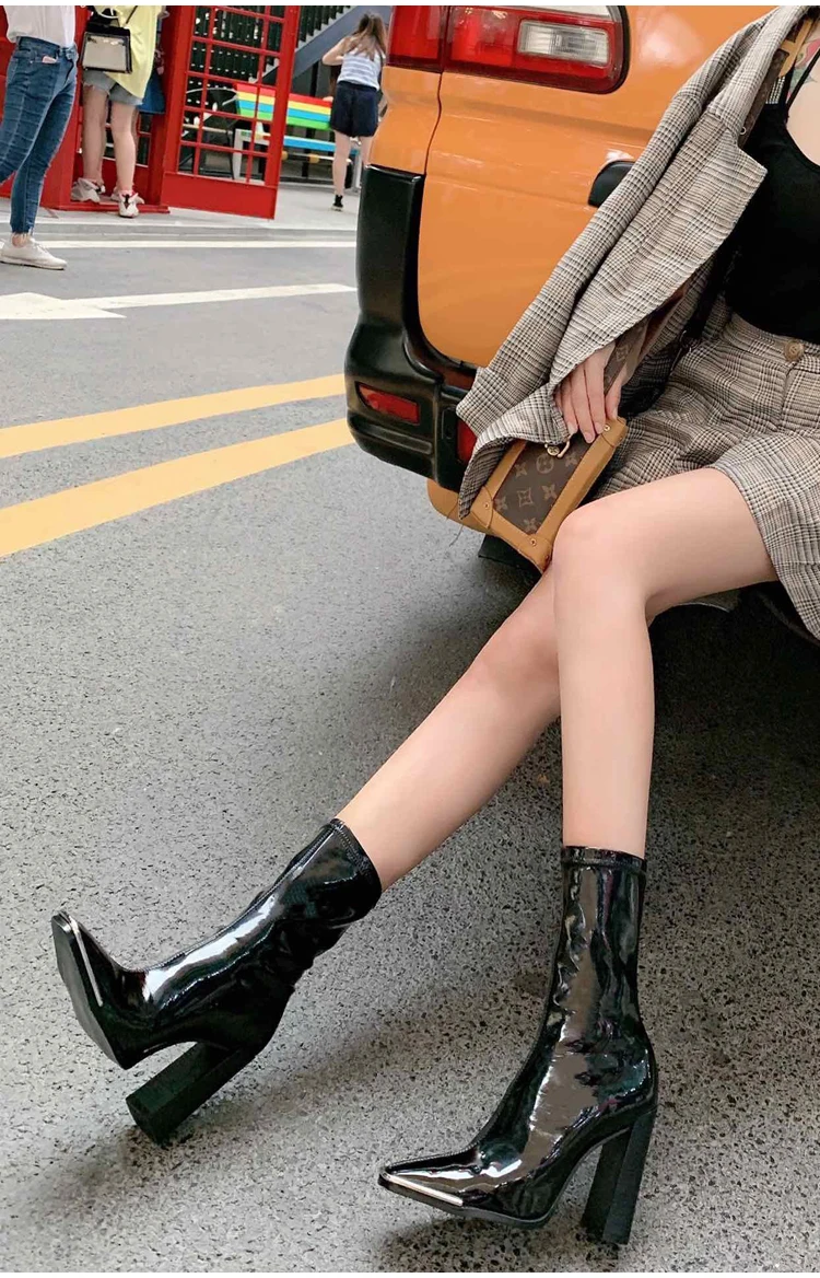 Stretch Mid-Calf Boots For Women 10cm Chunky High Heels Shoes Fashion Metal Square Toe Party Patent Leather Boots
