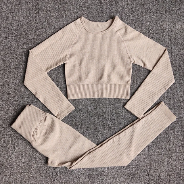 Women's Sportswear Yoga Set Workout Clothes Athletic Wear Sports Gym Legging Seamless Fitness Bra Crop Top Long Sleeve Yoga Suit ShirtsPantsKhaki