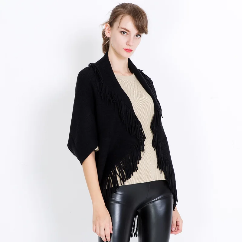 

Women's knitted fringed cape shawl elegant monochrome bat pullover flat cape