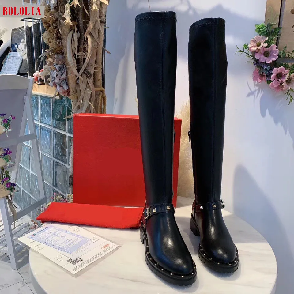 

fashion zip genuine leather Stretch Fabric thigh high boots round toe low heels elegant female over-the-knee boots winter boots