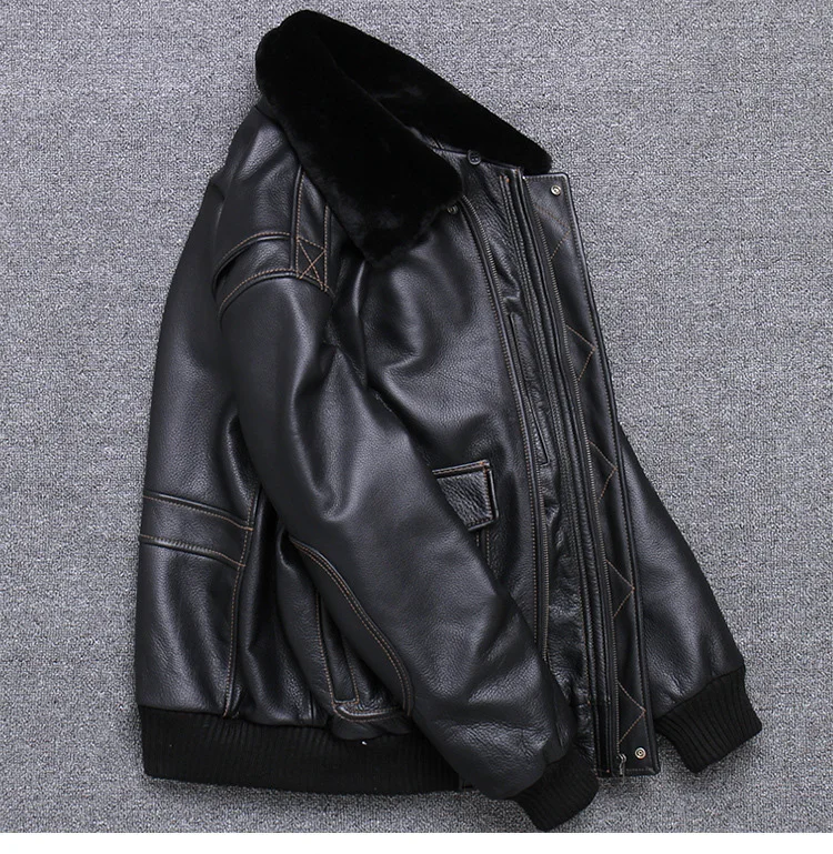 Seveyfan US G1 Flight Genuine Leather Jacket Men Black Fur Collar Real Cowhide Leather Jacket Motorcycle Biker R3260