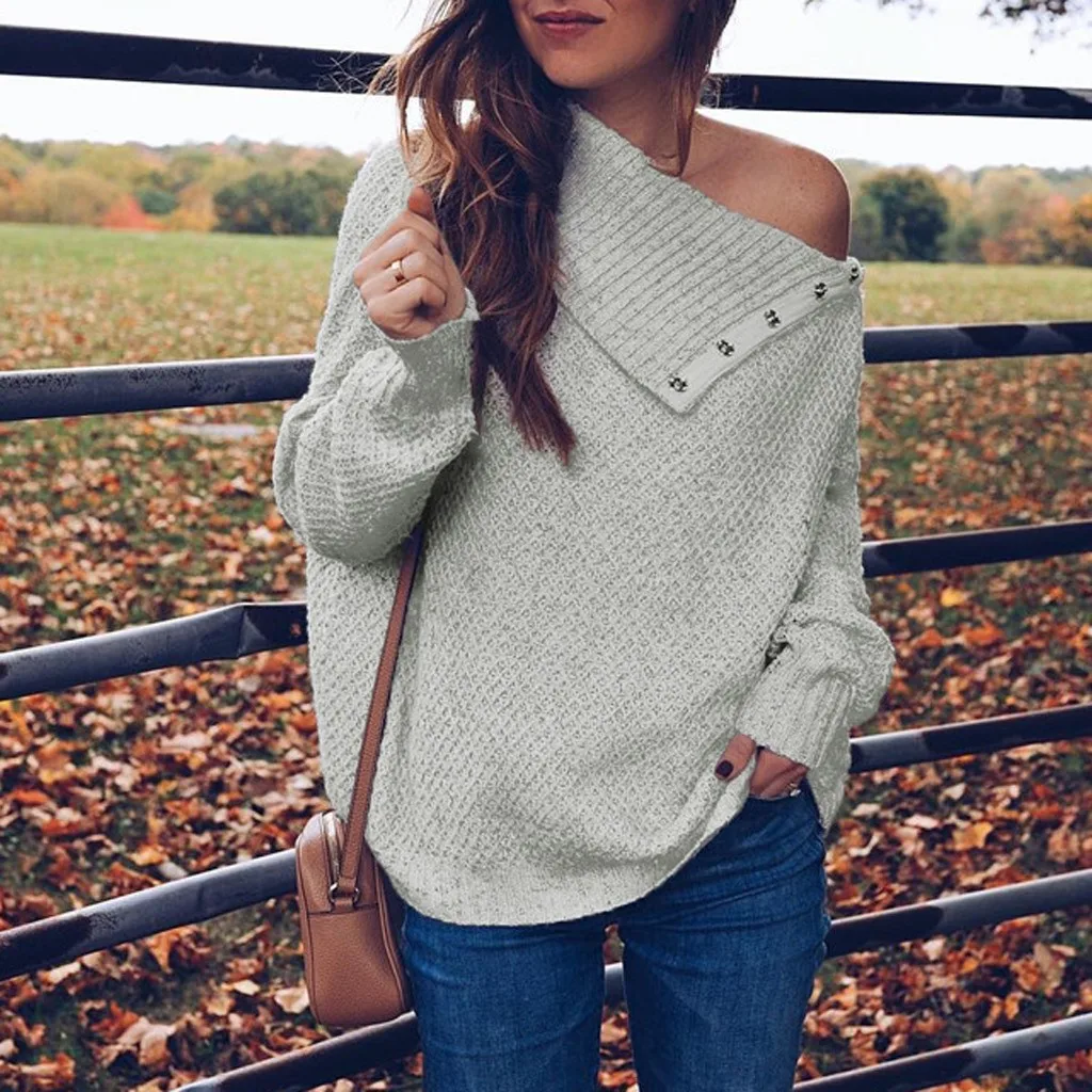 Осенне-зимний модный женский свитер женский с длинным рукавом пуловер на одно плечо на пуговицах Однотонный свитер трикотажный Топ Блузка