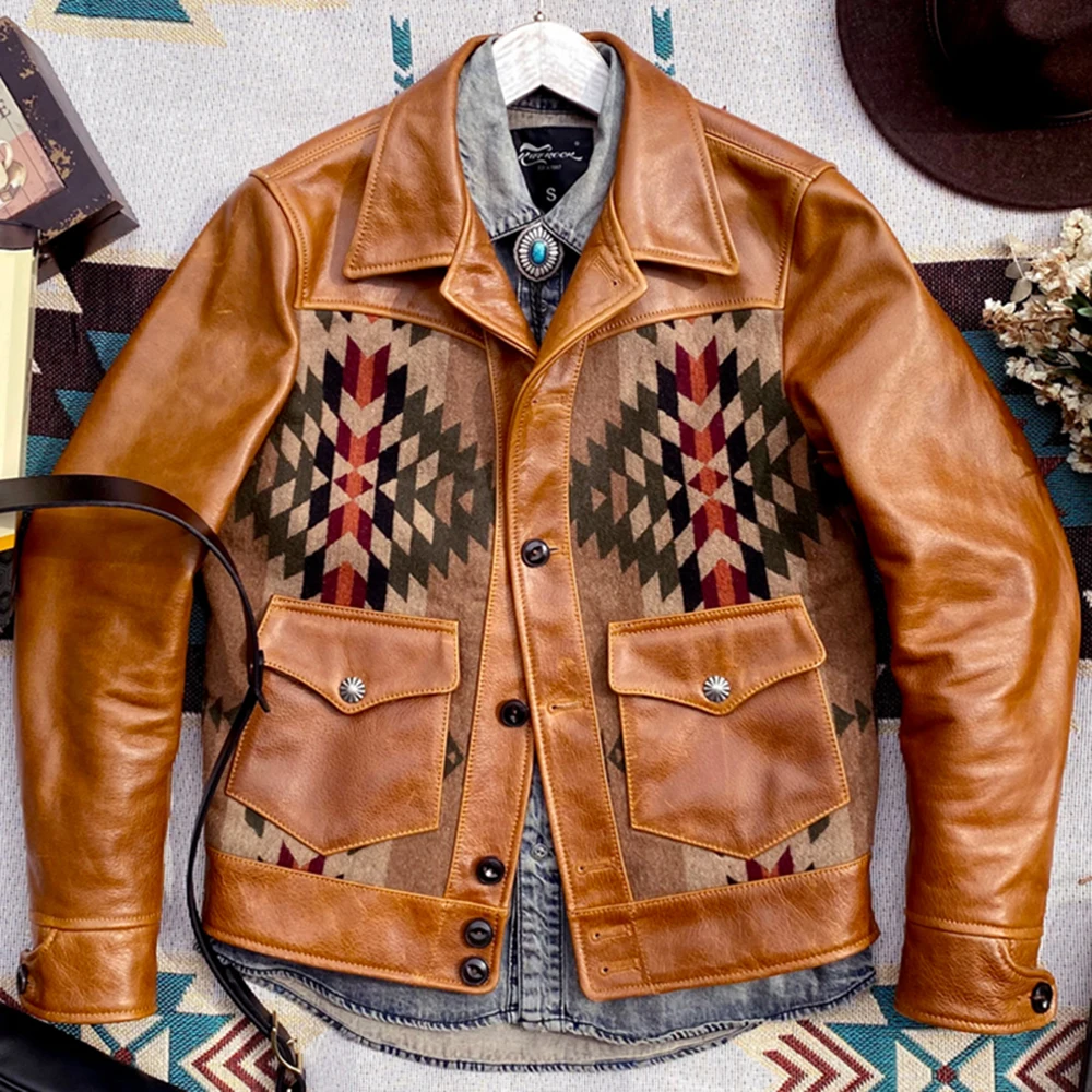 

Casual Genuine Leather Jacket For Men 2021 Vintage Brown Cow Suede Coat Male High Quality Brand Winter Canvas Stitching Overcoat