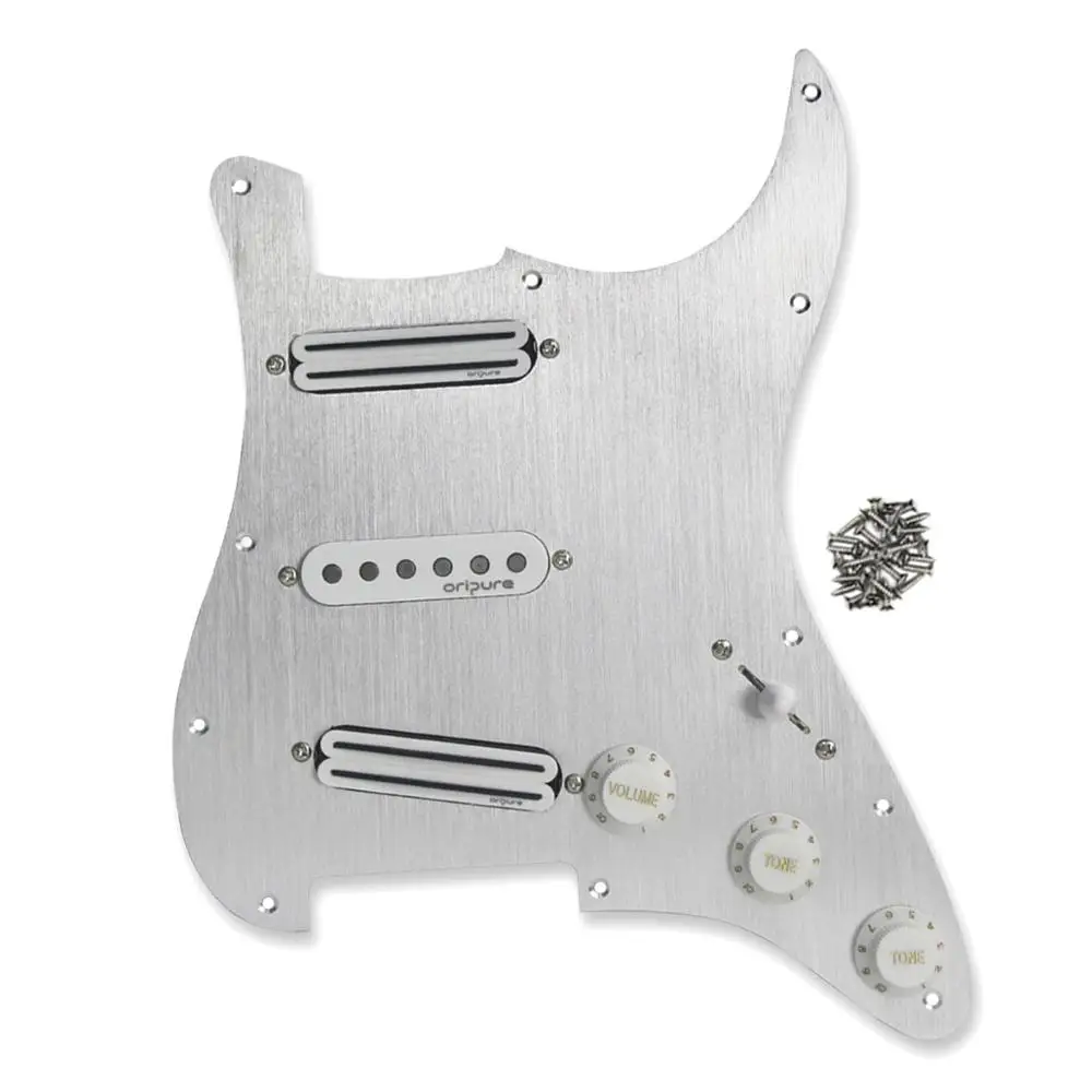 

OriPure Silver Metal 11 Hole SSS Loaded Prewired Guitar Pickguard Alnico 5 Pickup Assembly Set for Strat Guitar Accessories