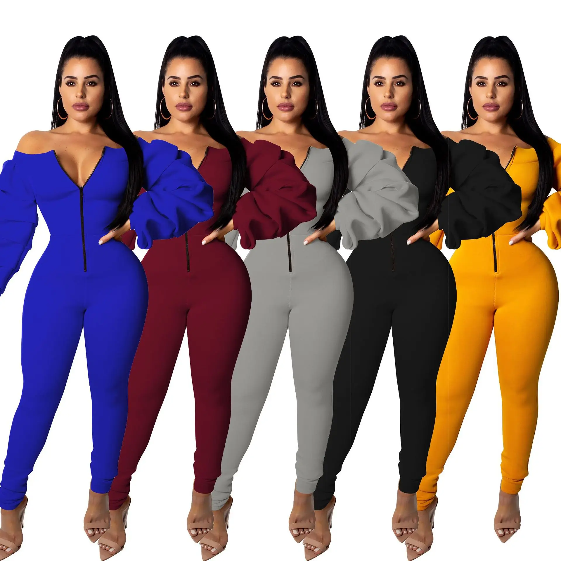 

Solid Color Off Shoulder Boat Neck Heap Sleeve Sexy Zipper Jumpsuits Women Sweatpants 2020 Autumn Slim Rompers