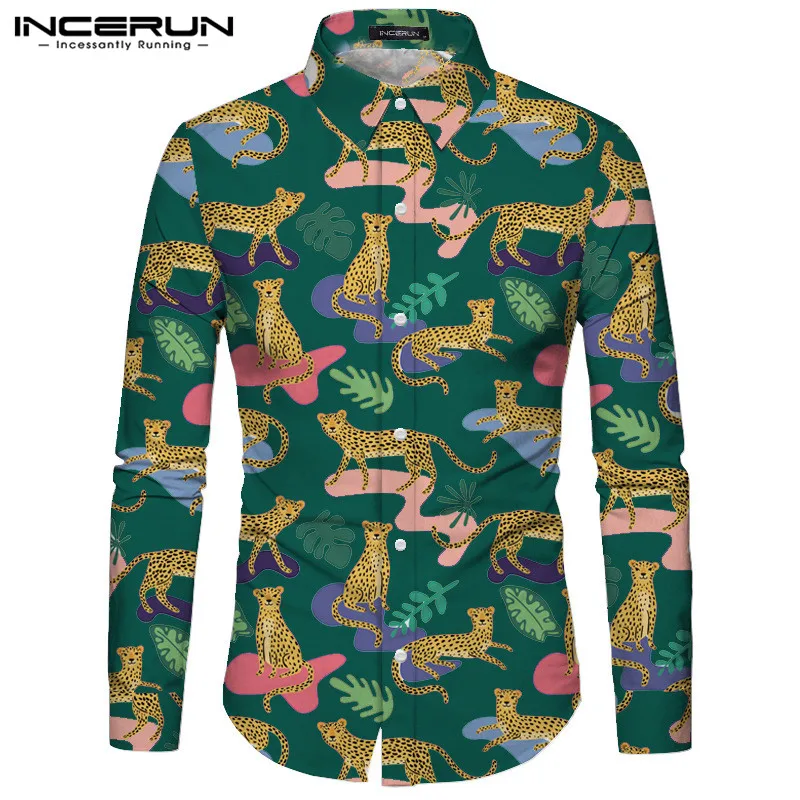 INCERUN Для мужчин гавайская рубашка с принтом для отдыха с лацканами уличная топы с длинными рукавами модные забавные Повседневное рубашки Camisa Masculina