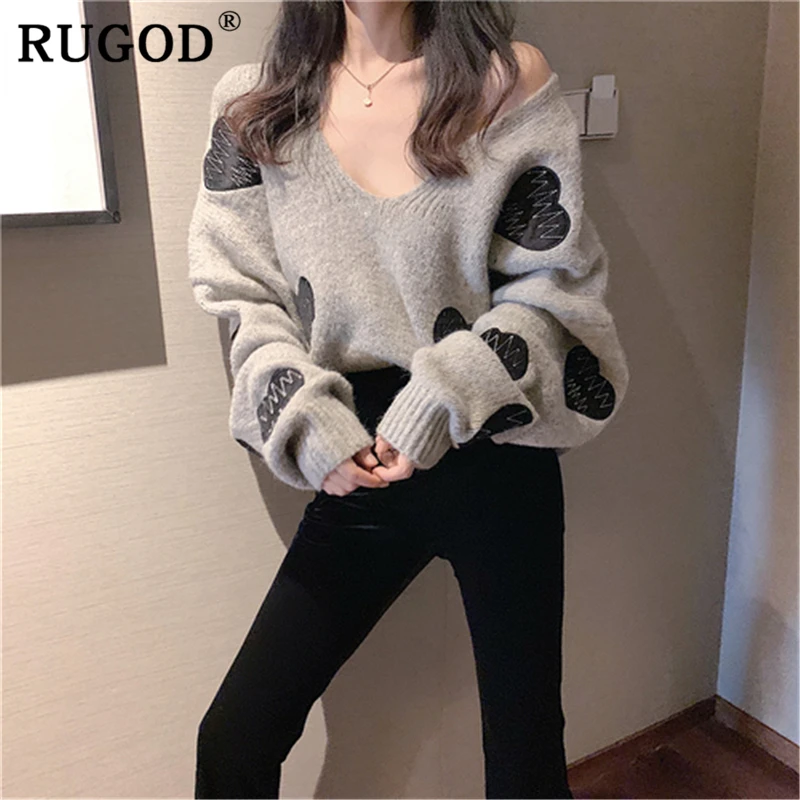 RUGOD Vitnage hearted printed women sweater Fashion V neck soft knitted sweaters female new Casual auturm winter loose coat